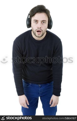 young casual man with headphones, isolated on white
