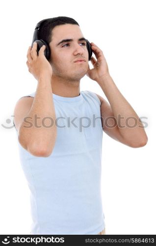 young casual man with headphones, isolated on white