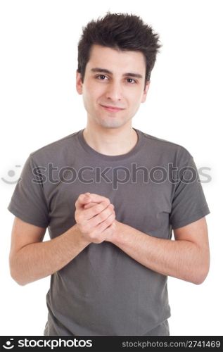 young casual man with shyness expression starting to get comfortable (isolated on white background)