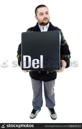 young casual man with the enter key