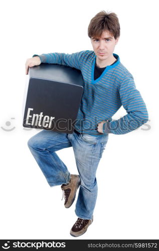 young casual man with the enter key