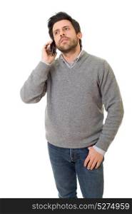 young casual man worried on the phone, isolated
