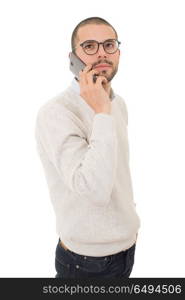 young casual man worried on the phone, isolated. on the phone