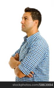 young casual pensive man portrait, isolated on white