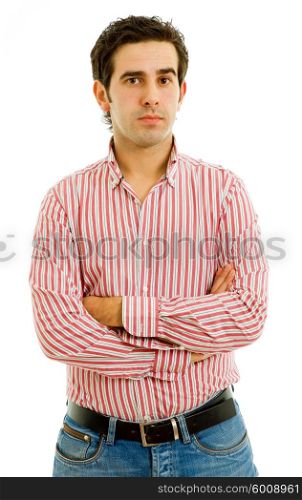young casual pensive man portrait, isolated on white