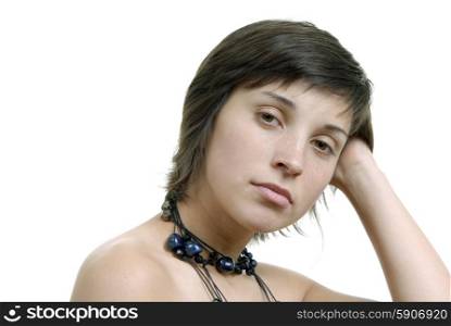 young casual sad beautiful woman, isolated in white