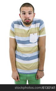 young casual silly man portrait, in a white background
