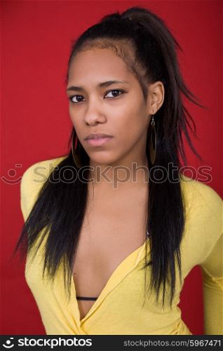 young casual woman close up portrait, studio shot