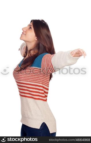 Young casual woman extended her arms isolated on a white background
