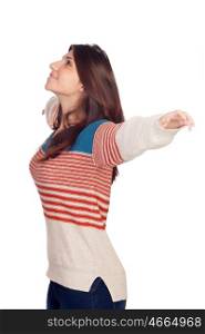 Young casual woman extended her arms isolated on a white background