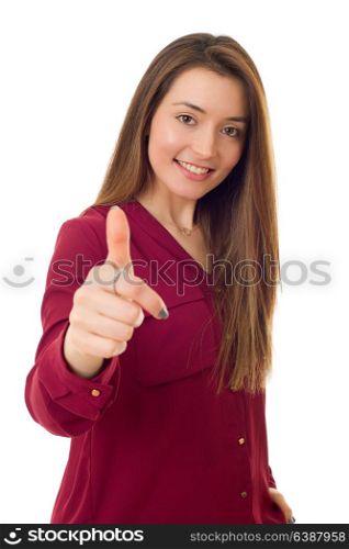 Young casual woman going thumbs up, isolated on white background