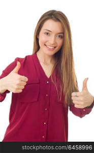 Young casual woman going thumbs up, isolated on white background
