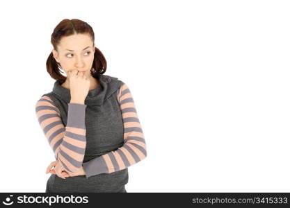 Young casual woman in thoughtful pose looking to the right side of the image isolated on white background
