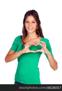 Young casual woman making a heart with her hands isolated on a white background