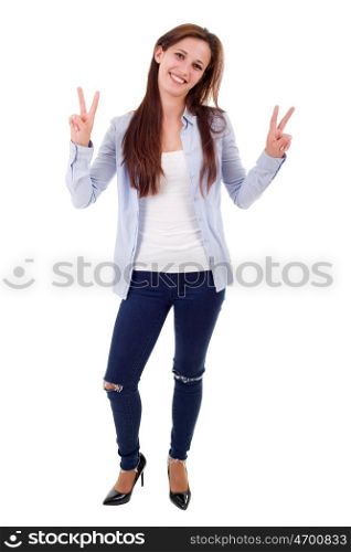 young casual woman winning, full length, isolated on white