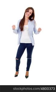young casual woman winning, full length, isolated on white