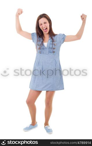 young casual woman winning, isolated on white