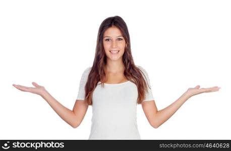 Young casual woman with arms outstretched symbolizing freedom isolated on white background