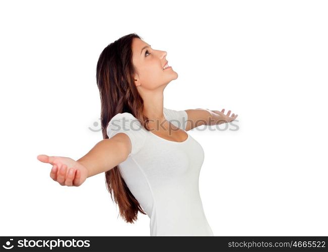 Young casual woman with arms outstretched symbolizing freedom isolated on white background