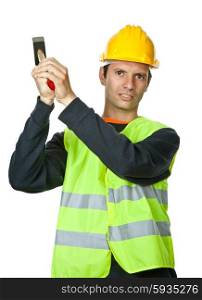 young casual worker portrait with a hammer