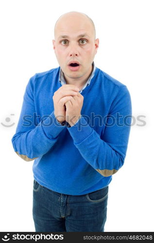 young casual worried man portrait in a white background