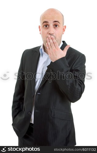 young casual worried man portrait in a white background