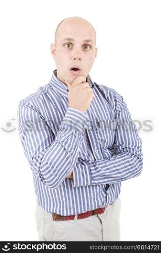 young casual worried man portrait in a white background
