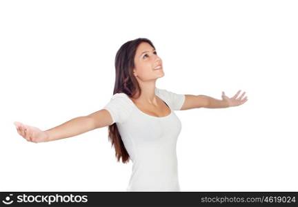 Young casula woman with her arms stretched isolated on a white background