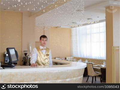 young caucasian barman at upholstered bar with crystal curtain in restaurant interior of beige colours
