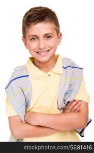 Young caucasian boy posing over white background