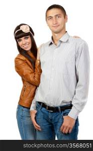 young Caucasian couple smiling happy isolated on white background.
