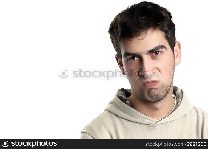 young caucasian man silly in a white background