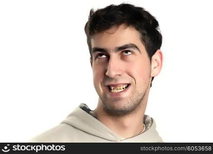 young caucasian man silly in a white background