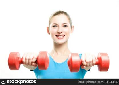 young caucasian woman doing exercises with dumbbells, isolated on white