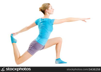 young caucasian woman doing fitness exercises, isolated on white