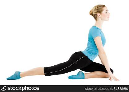 young caucasian woman doing fitness exercises, isolated on white