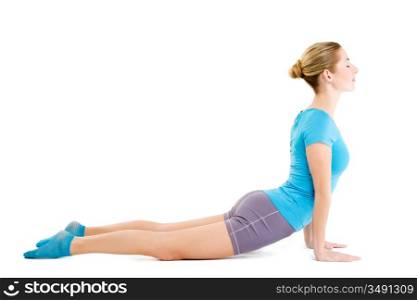 young caucasian woman doing fitness exercises, isolated on white