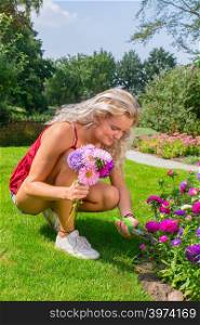 Young caucasian woman pruning colorful summer flowers in garden