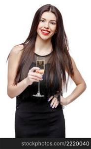 Young celebrating woman black dress. Beautiful model portrait isolated on white hold wine glass.. Young celebrating woman black dress