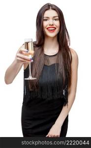 Young celebrating woman black dress. Beautiful model portrait isolated on white hold wine glass.. Young celebrating woman black dress