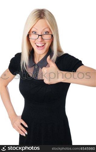 Young charming blonde in a dark dress with glasses