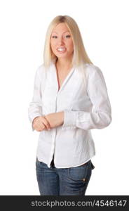 Young charming blonde in a white shirt isolated on white