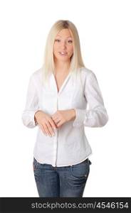 Young charming blonde in a white shirt isolated on white