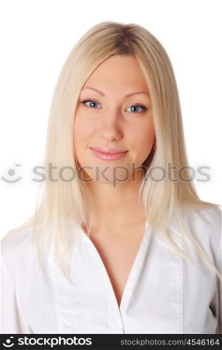 Young charming blonde in a white shirt isolated on white