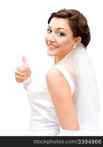 young charming bride looks into camera, isolated