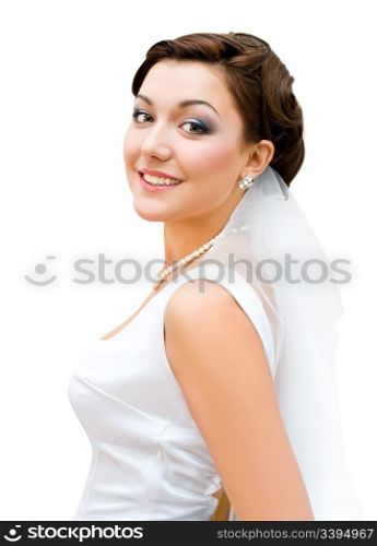 young charming bride looks into camera, isolated