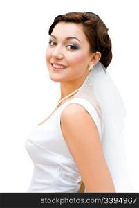 young charming bride looks into camera, isolated