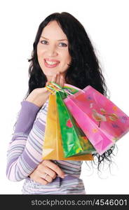 young charming brunette holding colorful shopping bags