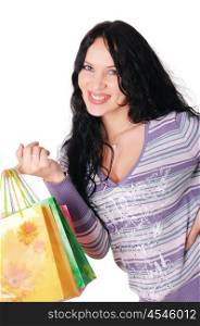 young charming brunette holding colorful shopping bags