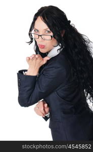 young charming brunette in a business suit with glasses